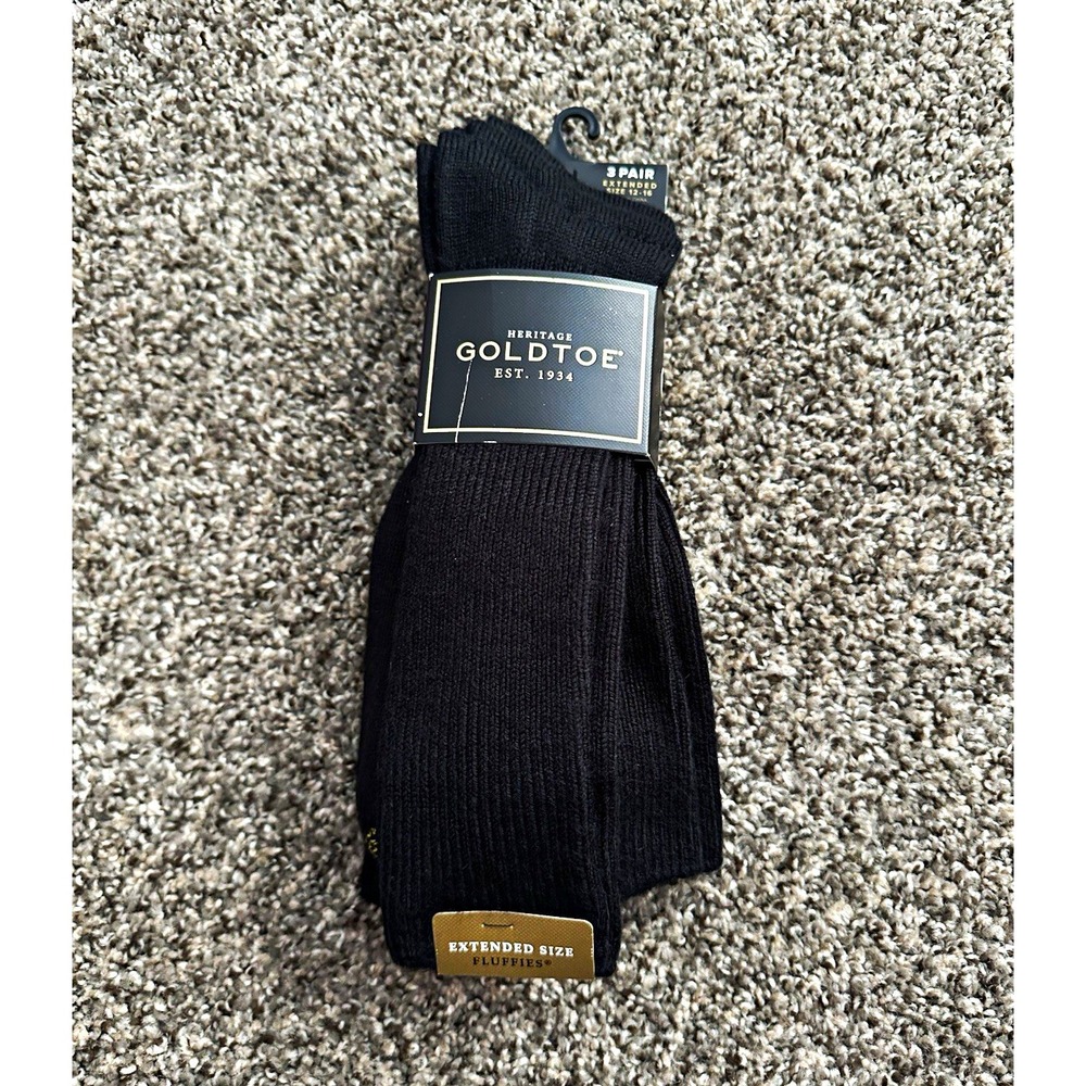 NWT Heritage Gold Toe Extended Fluffies Crew Socks Men's Size 12-16 Black 3 Pair
